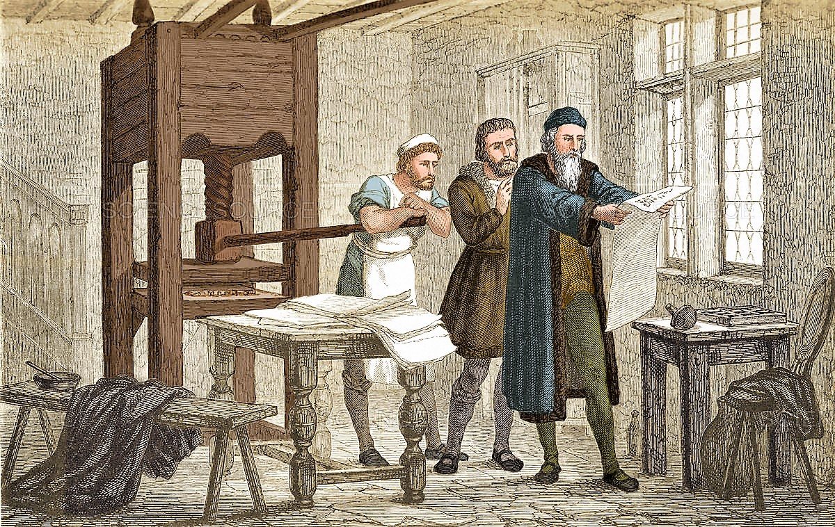 Gutenberg inspecting the first proof sheet of his Bible printed form
